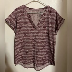 LL BEAN Classic Geometric Print V Neck Cuffed Sleeve Blouse Maroon White Wms‎ M